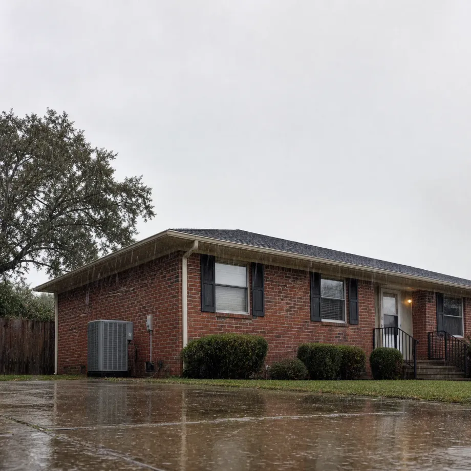 A single-story red brick house with dark shutters, a shingled roof, an exterior air conditioning unit and a railed entry stoop, seen during rain with a wet concrete driveway in the foreground under an overcast sky.