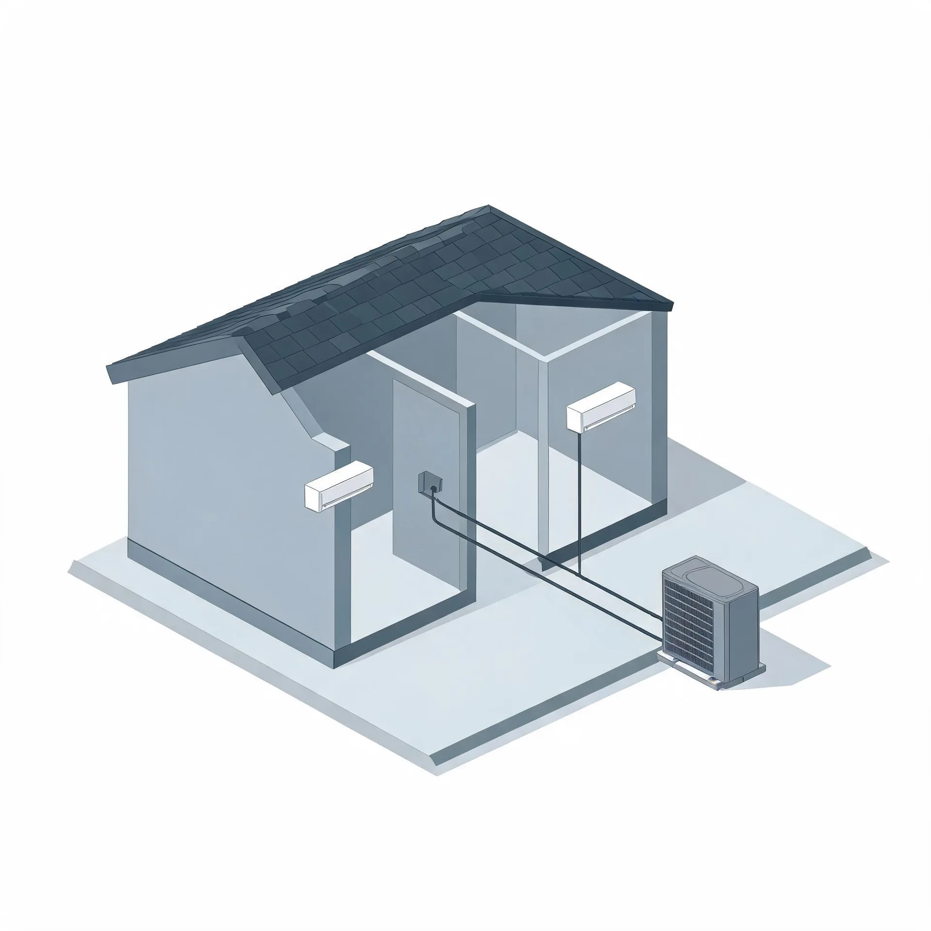 Isometric illustration of a cutaway gray house with a dark shingled roof, showing two wall-mounted indoor air handlers connected by line sets to an outdoor condenser unit on a pad outside.