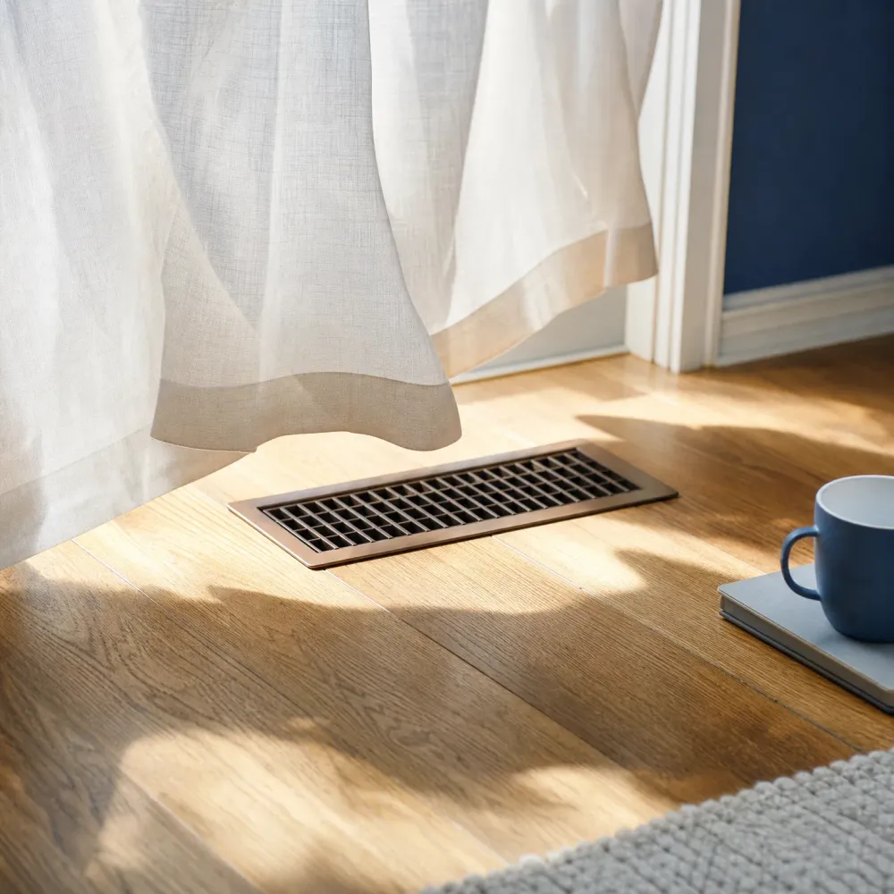 A metal floor vent set into a light wood plank floor beside a sheer white curtain, with a blue mug on a gray notebook and a knit rug at the lower right.