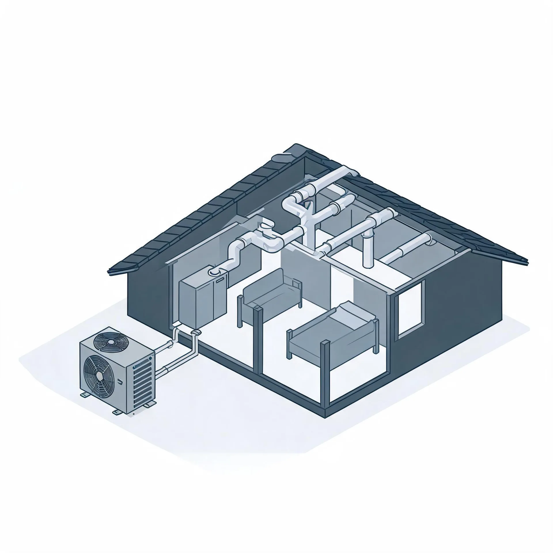 Isometric cutaway illustration of a house showing interior ductwork, an indoor air handler, and beds, with an outdoor condenser unit connected by lines outside the wall.