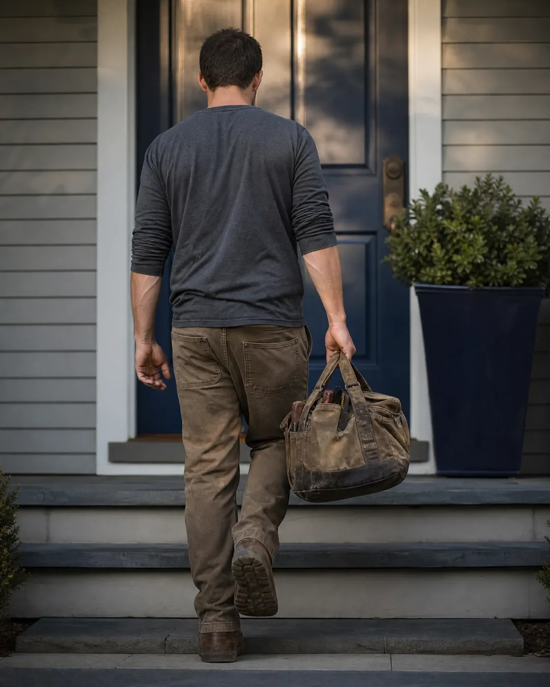 A man in a dark long-sleeve shirt and brown work pants, seen from behind, carries a worn canvas tool bag as he steps up porch stairs toward a navy blue front door of a light gray clapboard house, with a potted shrub beside the entry.