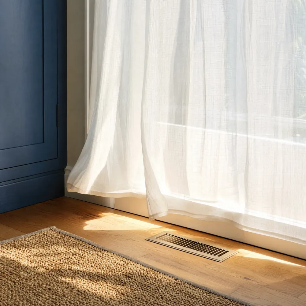 A metal floor register vent set into a wood plank floor beside a sheer white curtain lit by sunlight, with a woven jute rug in the foreground and a dark blue cabinet at left.