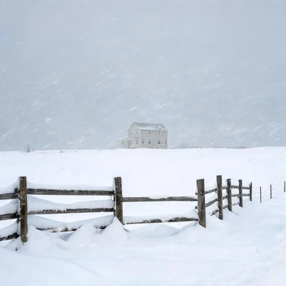 A two-story light-colored farmhouse stands on a snow-covered field during heavy falling snow, with a weathered wooden rail fence partly buried in snow in the foreground.