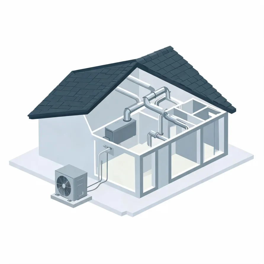 Isometric cutaway illustration of a small house showing interior ductwork and an air handler connected by lines to an outdoor condenser unit on a pad beside the building.