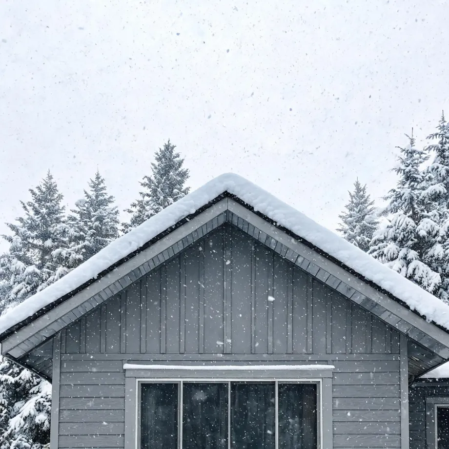 The gray gabled upper facade of a house with vertical board siding and a large window, its roof covered in snow, with snow-laden conifers behind and snowflakes falling against a pale sky.