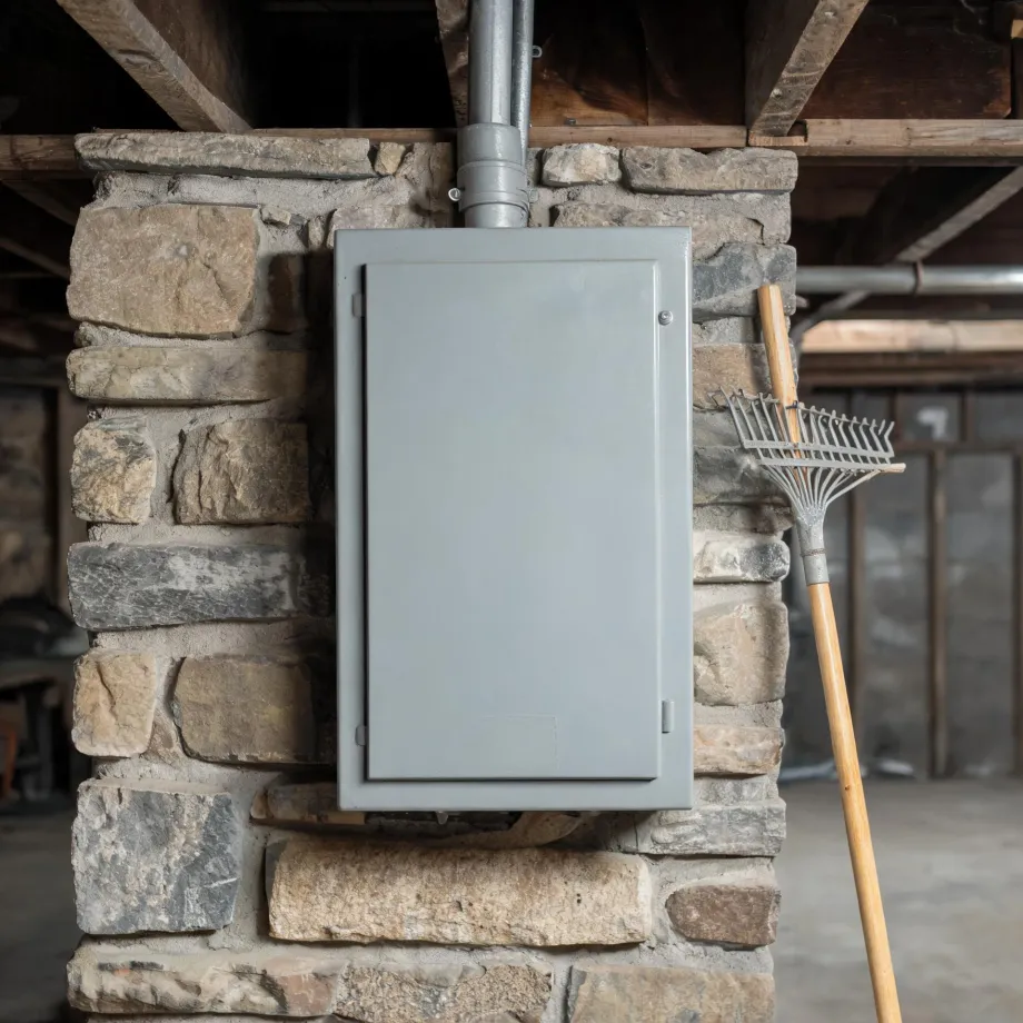 A gray electrical panel box mounted on a stone wall in a basement with wooden ceiling joists, a metal conduit entering the top, and a leaf rake leaning against the wall at right.