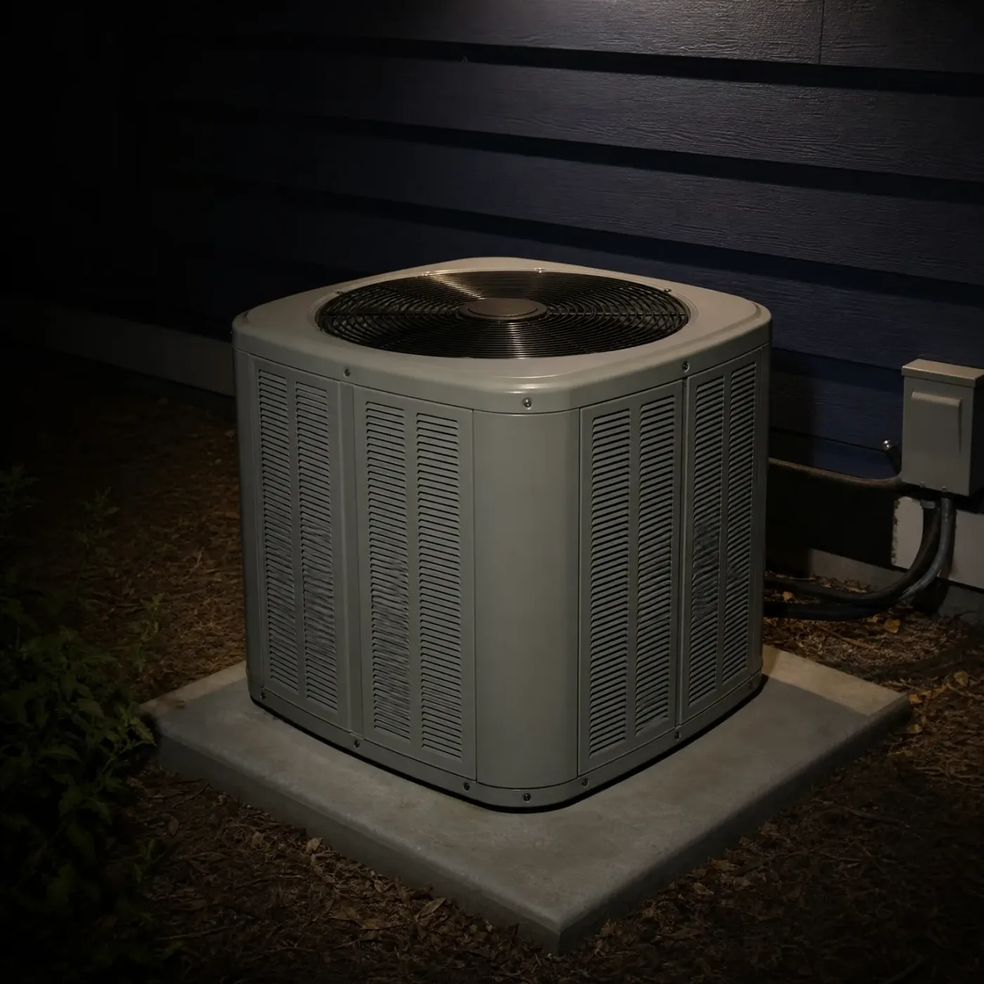A gray outdoor condenser unit with a top fan grille sits on a concrete pad beside a dark horizontal-lap-sided wall at night, with an electrical disconnect box and conduit to the right and mulch and leafy plants around the pad.