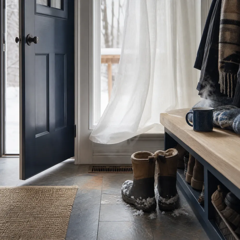 An entryway with an open dark blue door showing snow outside, snow-covered boots on a slate tile floor, a wooden bench with a steaming enamel mug, hanging coats and a plaid scarf, and a sheer white curtain by a window.