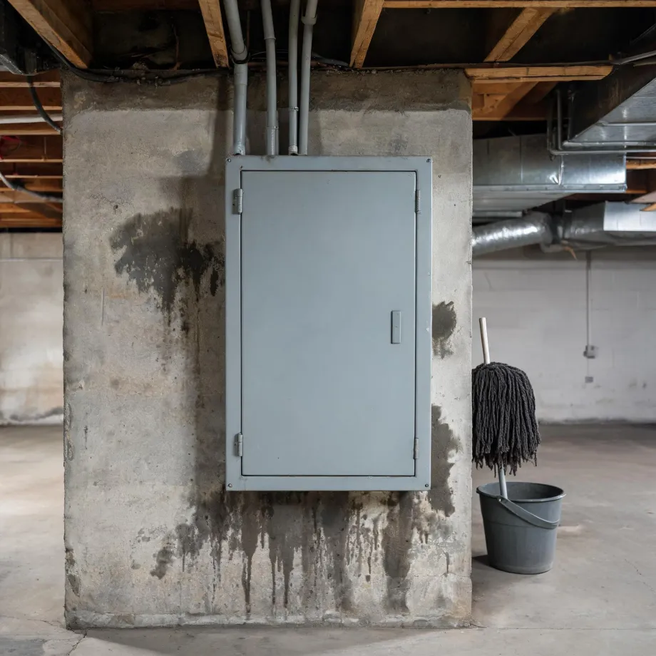 A gray metal electrical panel mounted on a stained concrete basement wall, with conduits running to floor joists and ductwork above, and a mop in a metal bucket beside the wall.