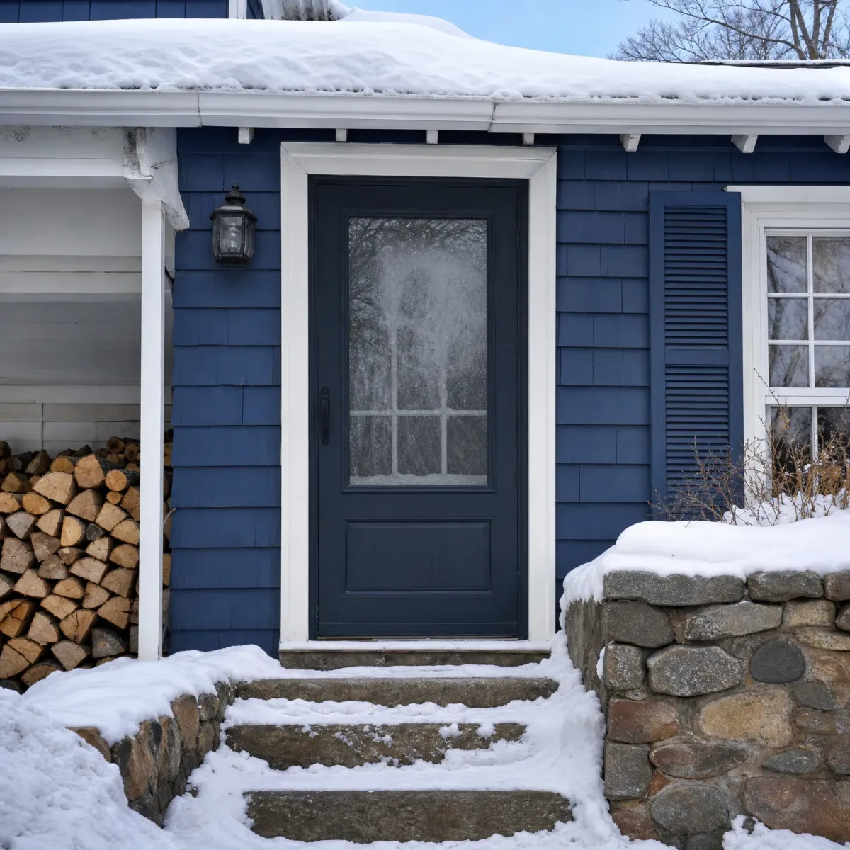 A dark blue entry door with a frosted glass panel in a blue shingled house with white trim, with snow on the roof and steps, a stacked woodpile at left, and a stone wall at right.