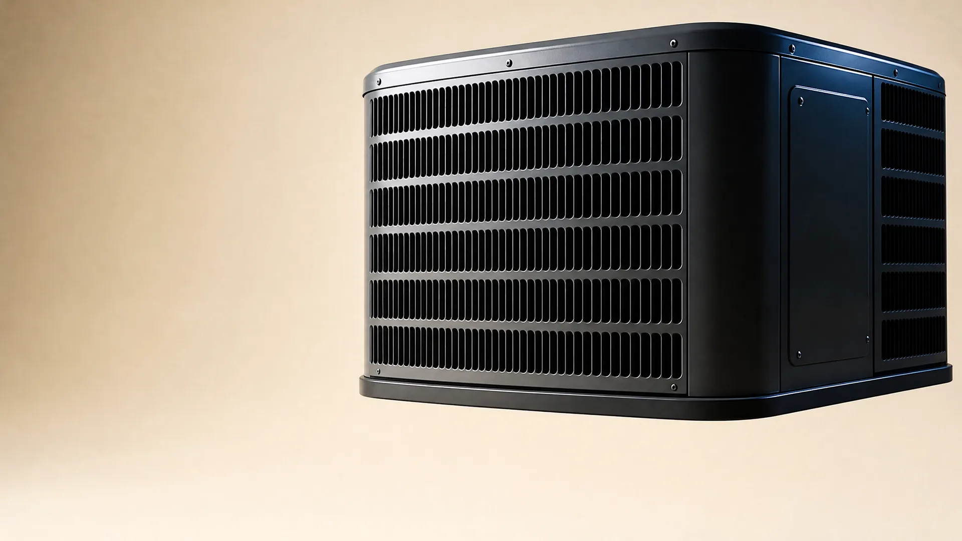 A black outdoor air conditioning condenser unit with louvered coil panels and an access panel, shown against a plain beige gradient background.