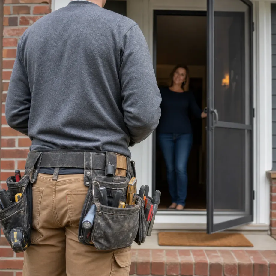 A person in a gray sweatshirt and tan pants with a loaded tool belt stands with their back to the camera at a brick-framed doorway, facing a woman in a navy top and jeans holding open a screen door.