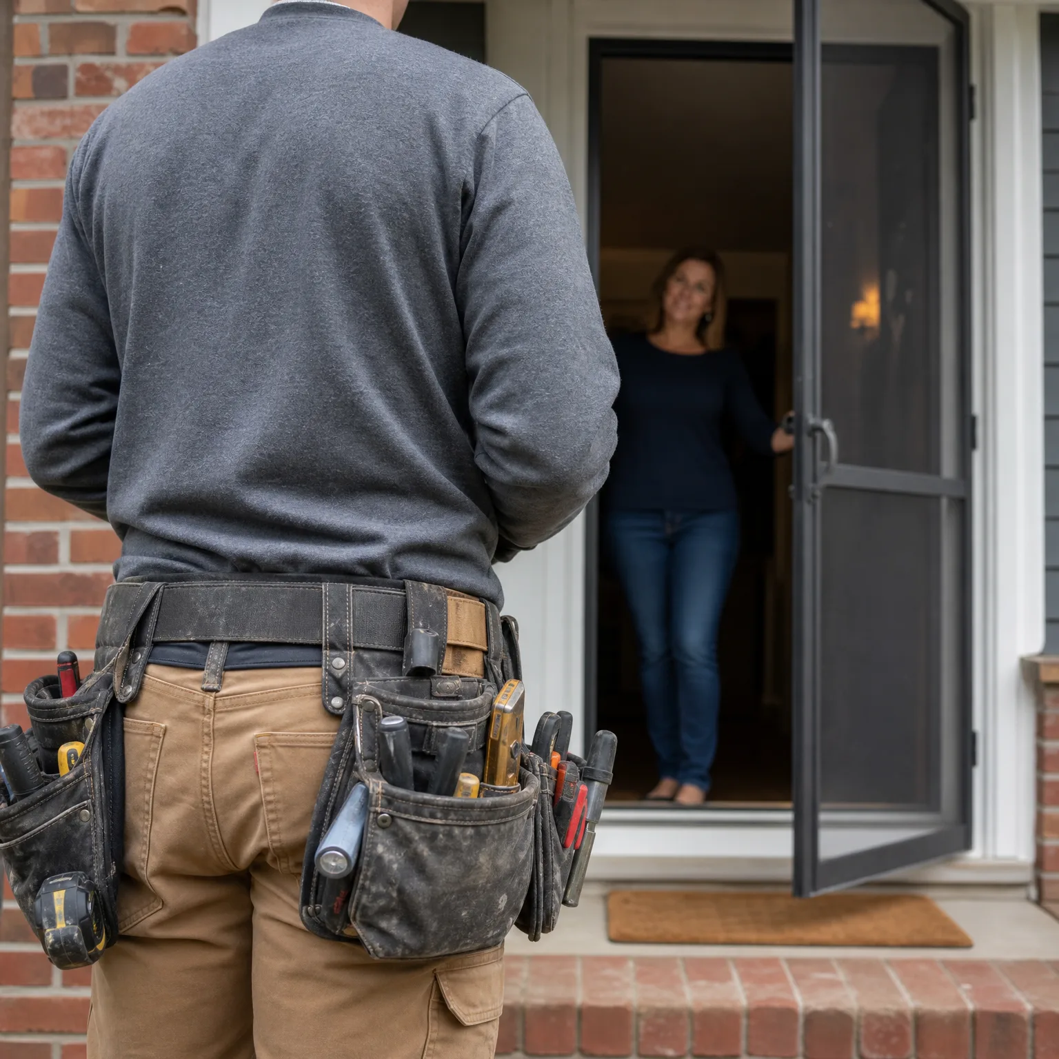 A person in a gray sweatshirt and tan pants with a loaded tool belt stands with their back to the camera at a brick-framed doorway, facing a woman in a navy top and jeans holding open a screen door.