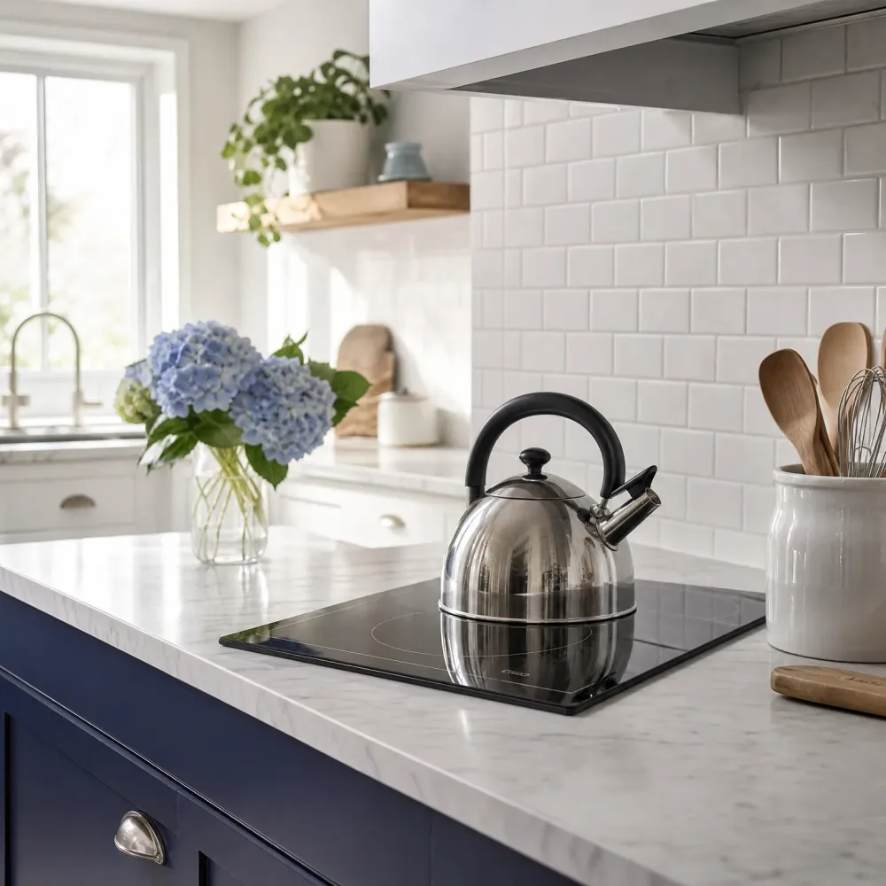 A stainless steel stovetop kettle sits on a black induction cooktop set into a white marble counter, with navy cabinets below, a white subway tile backsplash, a crock of wooden utensils, and blue hydrangeas in a glass vase near a window.