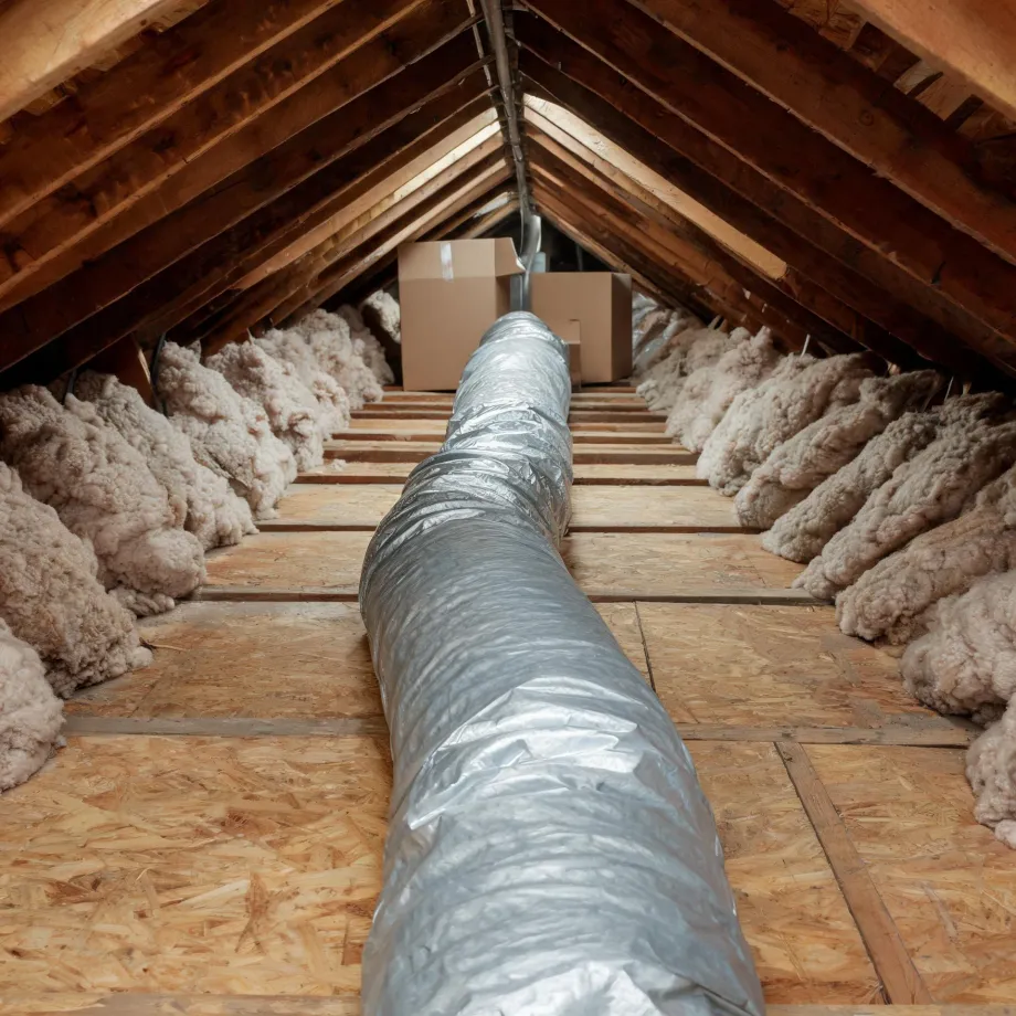 Attic interior with wooden rafters, an OSB plank walkway, loose fiberglass insulation along both sides, a large foil-wrapped flexible duct running down the center, and cardboard boxes at the far end.