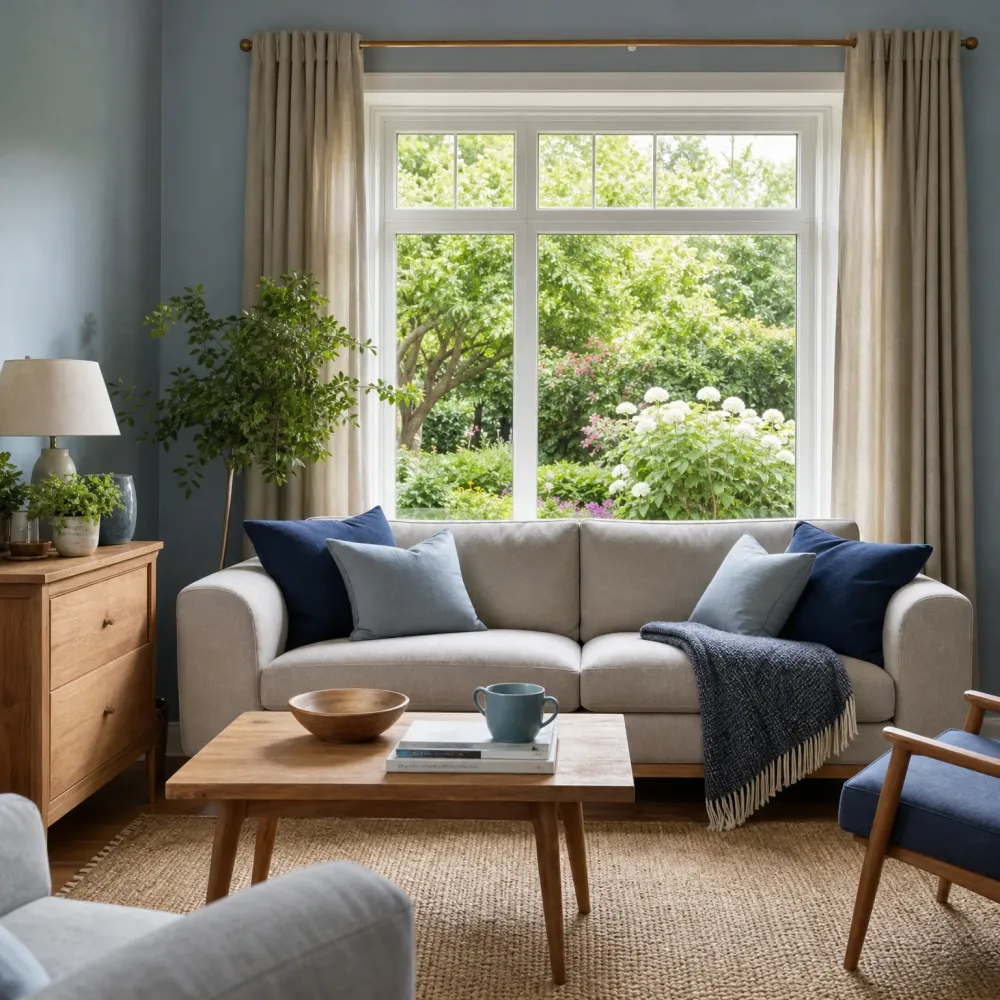 A living room with a beige sofa holding navy and light blue cushions and a dark knit throw, a wooden coffee table with a bowl, books and a mug, a jute rug, wooden sideboard with a lamp and plants, and a large window with linen curtains showing green garden foliage.