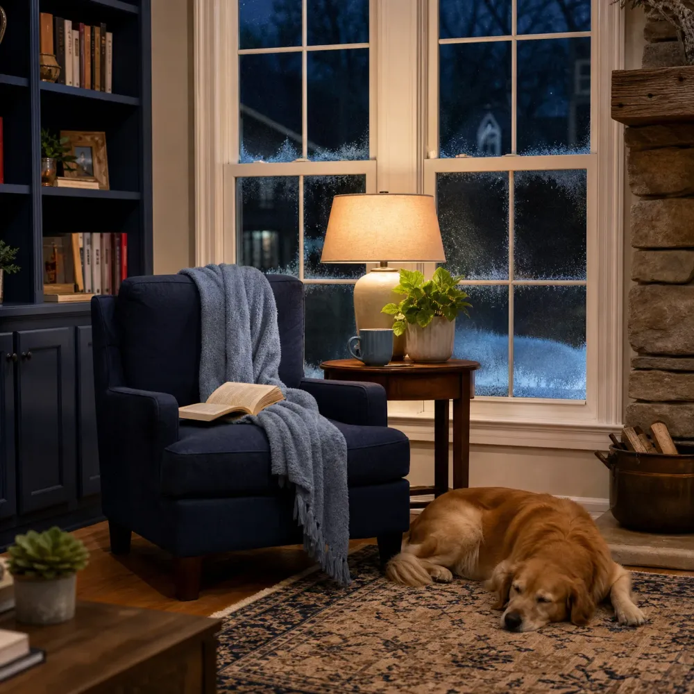 A navy armchair with a gray throw blanket and open book sits by a multi-pane window at night, beside a wooden side table with a lit lamp, mug and potted plant, while a golden-colored dog sleeps on a patterned rug near a stone fireplace.