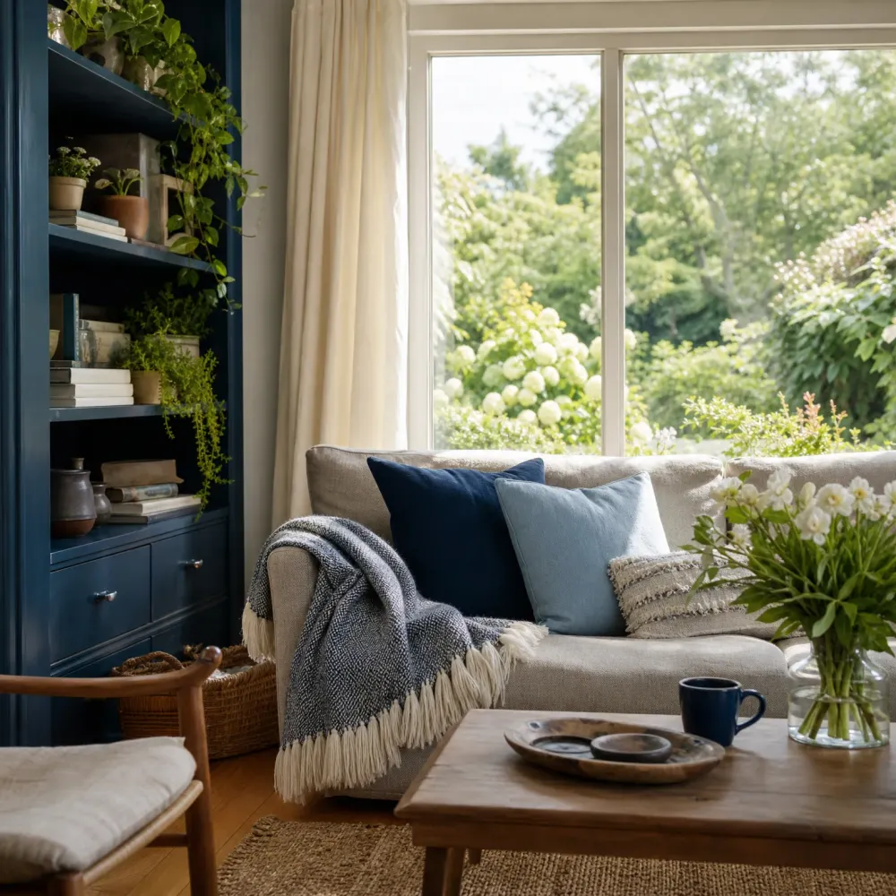 A living room with a beige sofa holding navy and light blue cushions and a fringed knit throw, beside a window overlooking a green garden, with a dark blue built-in bookshelf on the left and a wooden coffee table holding a mug, wooden tray and a vase of white flowers.