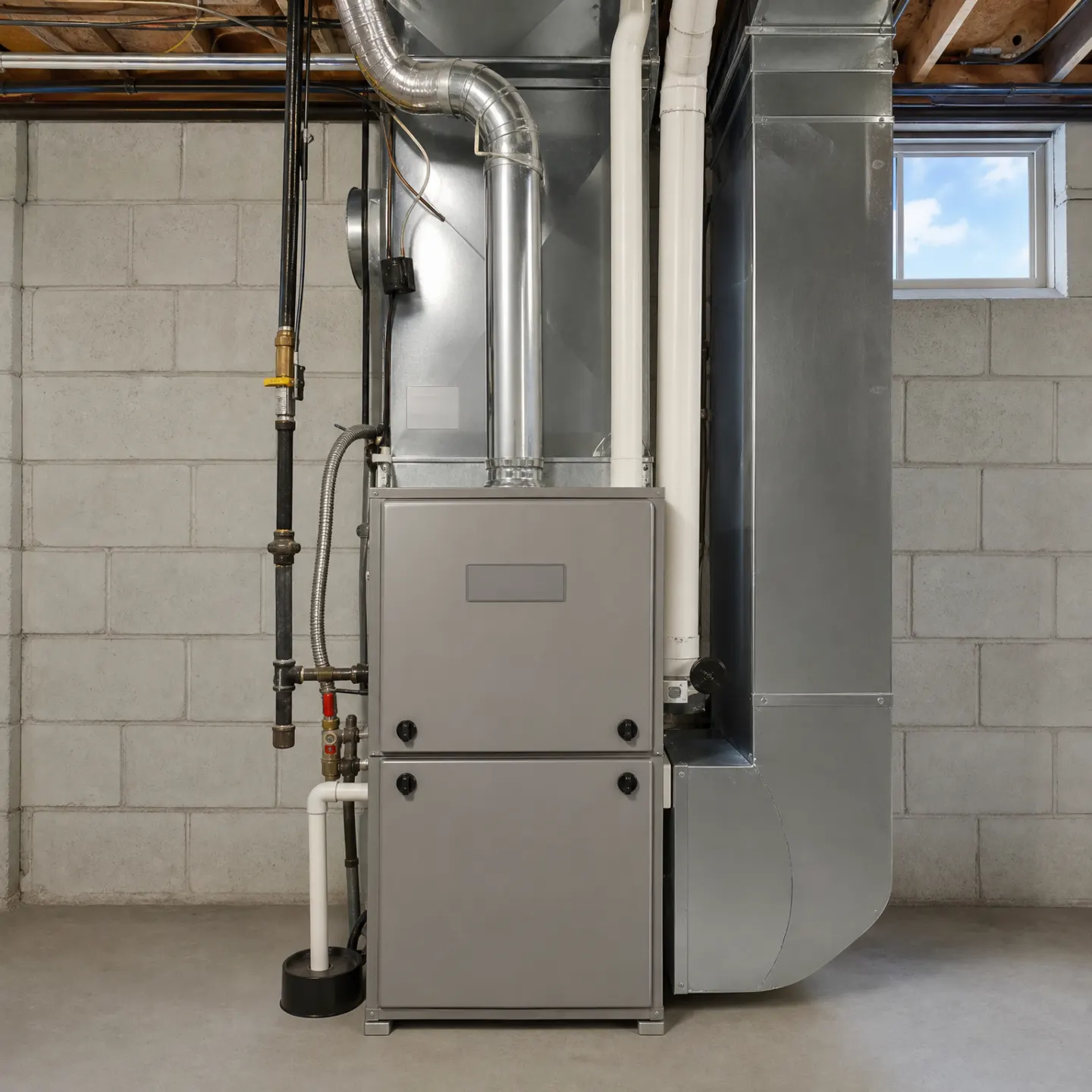 A gray high-efficiency gas furnace installed in an unfinished basement, surrounded by gas lines, a condensate drain, and sheet-metal ductwork.