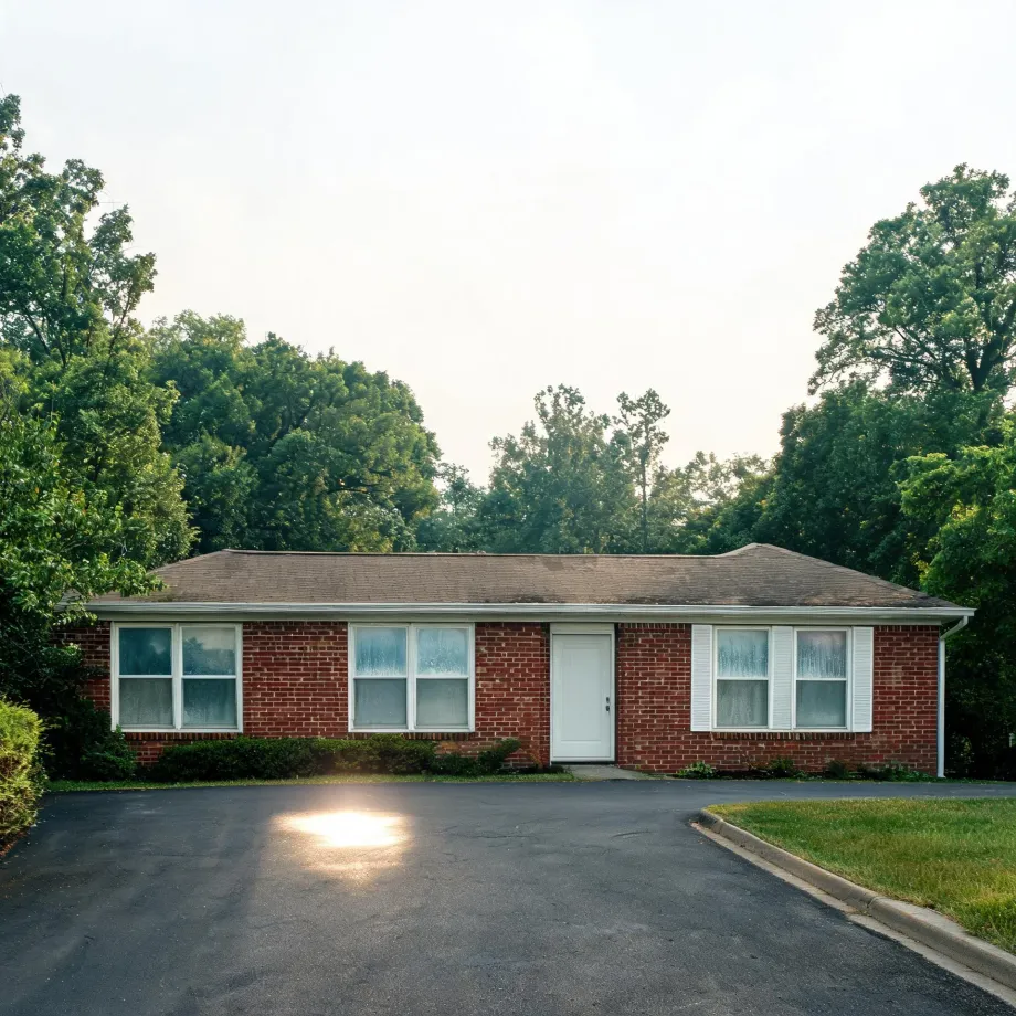 A single-story red brick ranch house with a white door, white-trimmed windows and a shingled hip roof, fronted by a wide asphalt driveway with sunlight glare, surrounded by green deciduous trees under a pale sky.