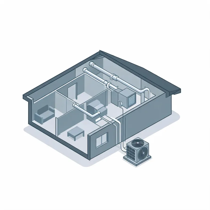 Isometric cutaway illustration of a house interior showing ducted air handling equipment, ceiling ducts, furniture in two rooms, and an outdoor condenser unit connected by lines outside the wall.