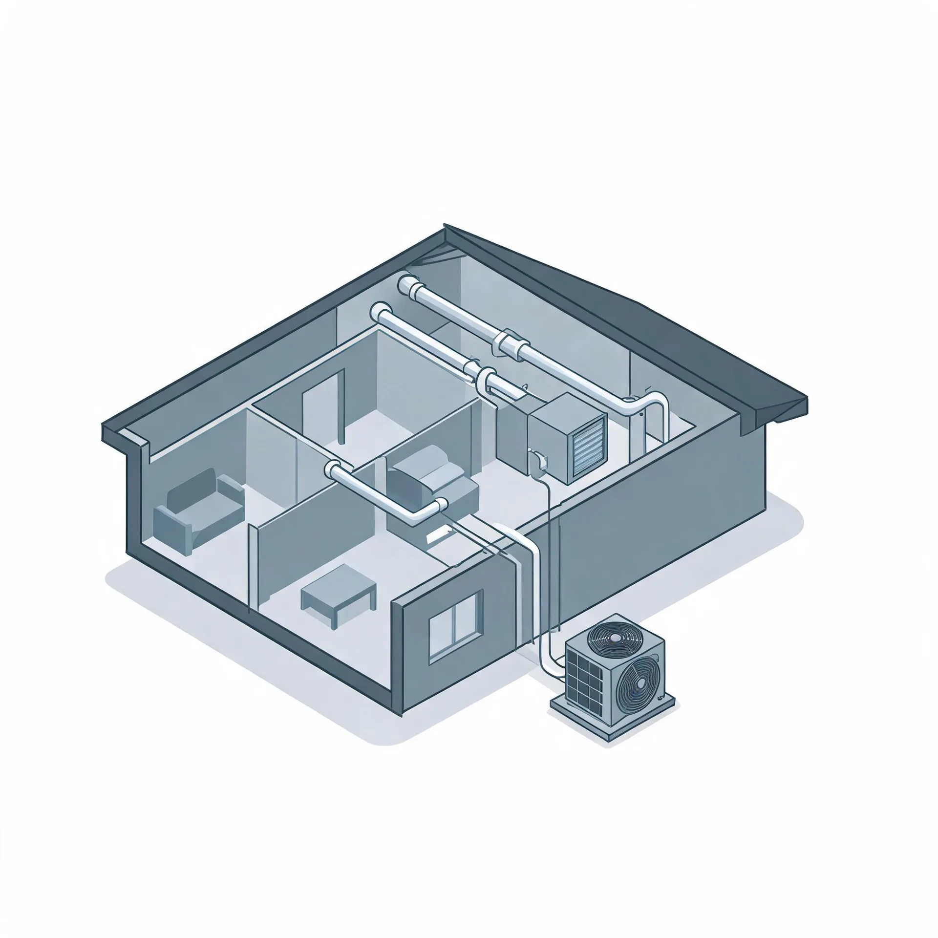 Isometric cutaway illustration of a house interior showing ducted air handling equipment, ceiling ducts, furniture in two rooms, and an outdoor condenser unit connected by lines outside the wall.