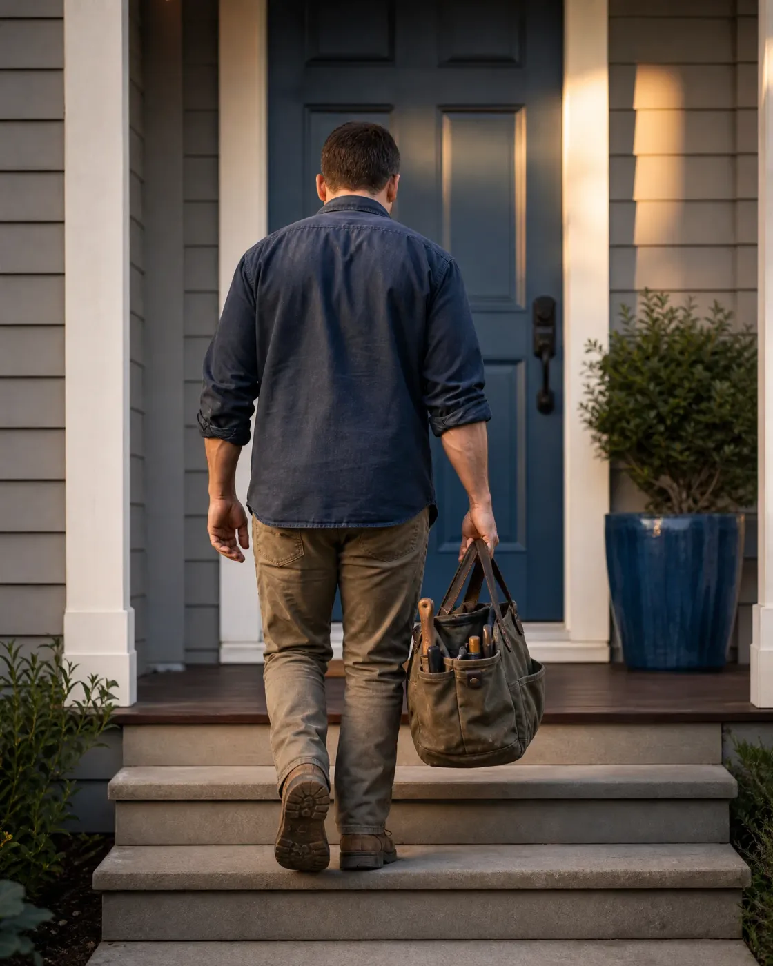 A man in a dark shirt and tan pants carries a canvas tool bag as he walks up concrete steps toward a blue front door on a porch with a potted shrub.