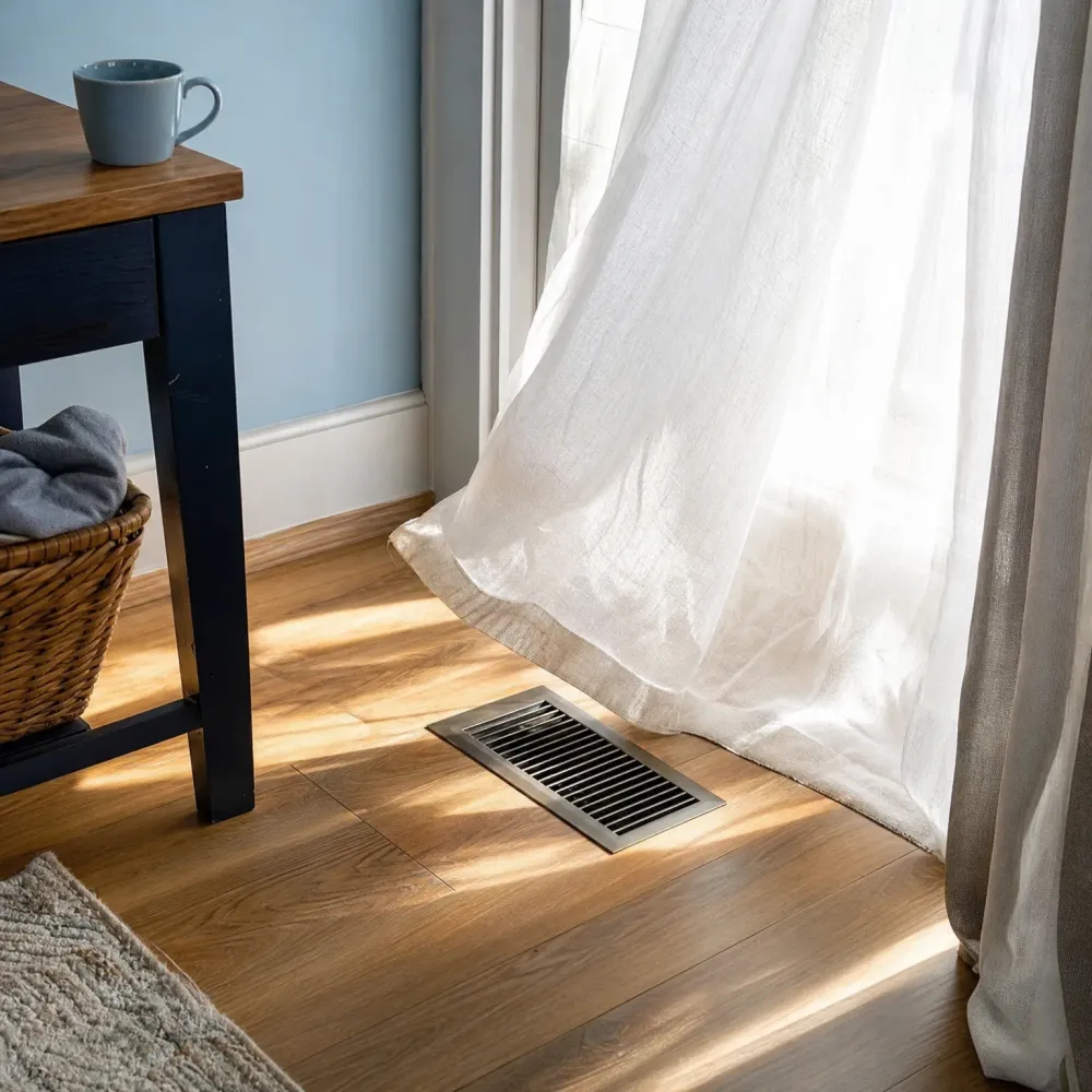 A metal floor vent set in a wood-plank floor near a window with sheer white and gray curtains, beside a dark side table holding a mug and a wicker basket of folded cloth.