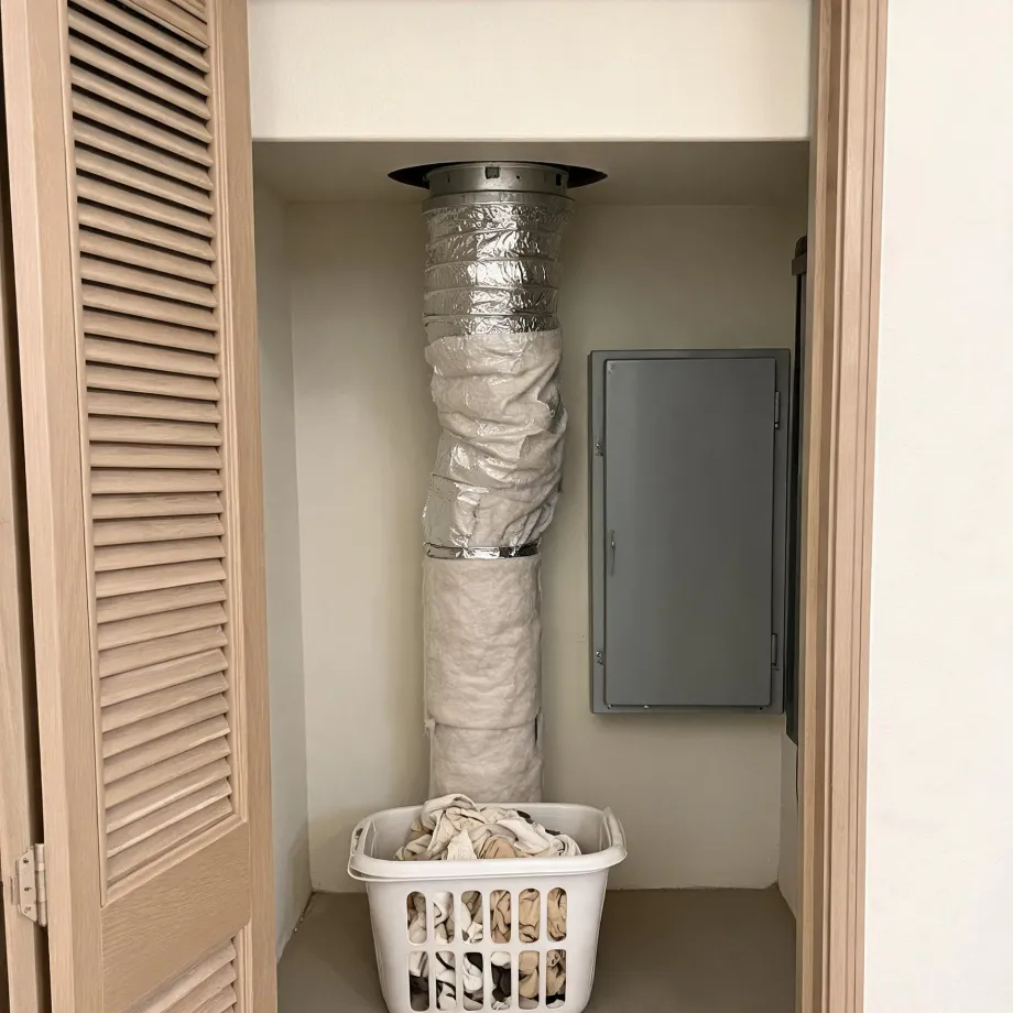A closet with louvered bifold doors open, showing a large insulated flexible duct running from the ceiling to the floor, a gray metal electrical panel on the right wall, and a white laundry basket of clothes on the floor.