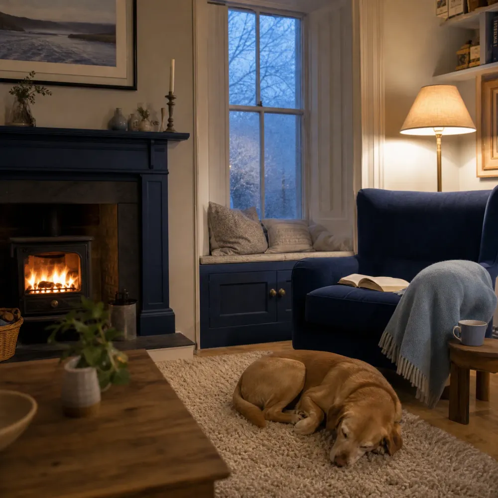 A living room at dusk with a lit wood stove in a dark fireplace surround, a navy armchair with a blue throw and open book, a window seat with cushions, a lit floor lamp, and a tan dog sleeping on a cream shag rug.