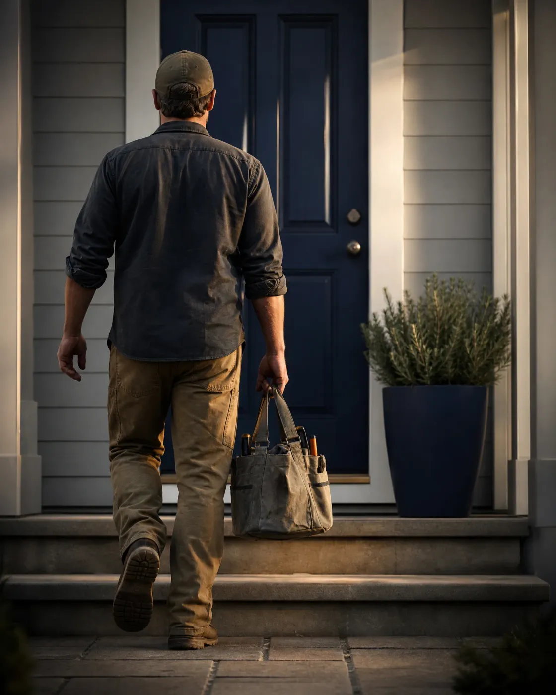 A man in a cap, dark shirt and tan work pants walks up stone steps toward a dark blue front door, carrying a canvas tool bag, with a potted shrub beside the entry.
