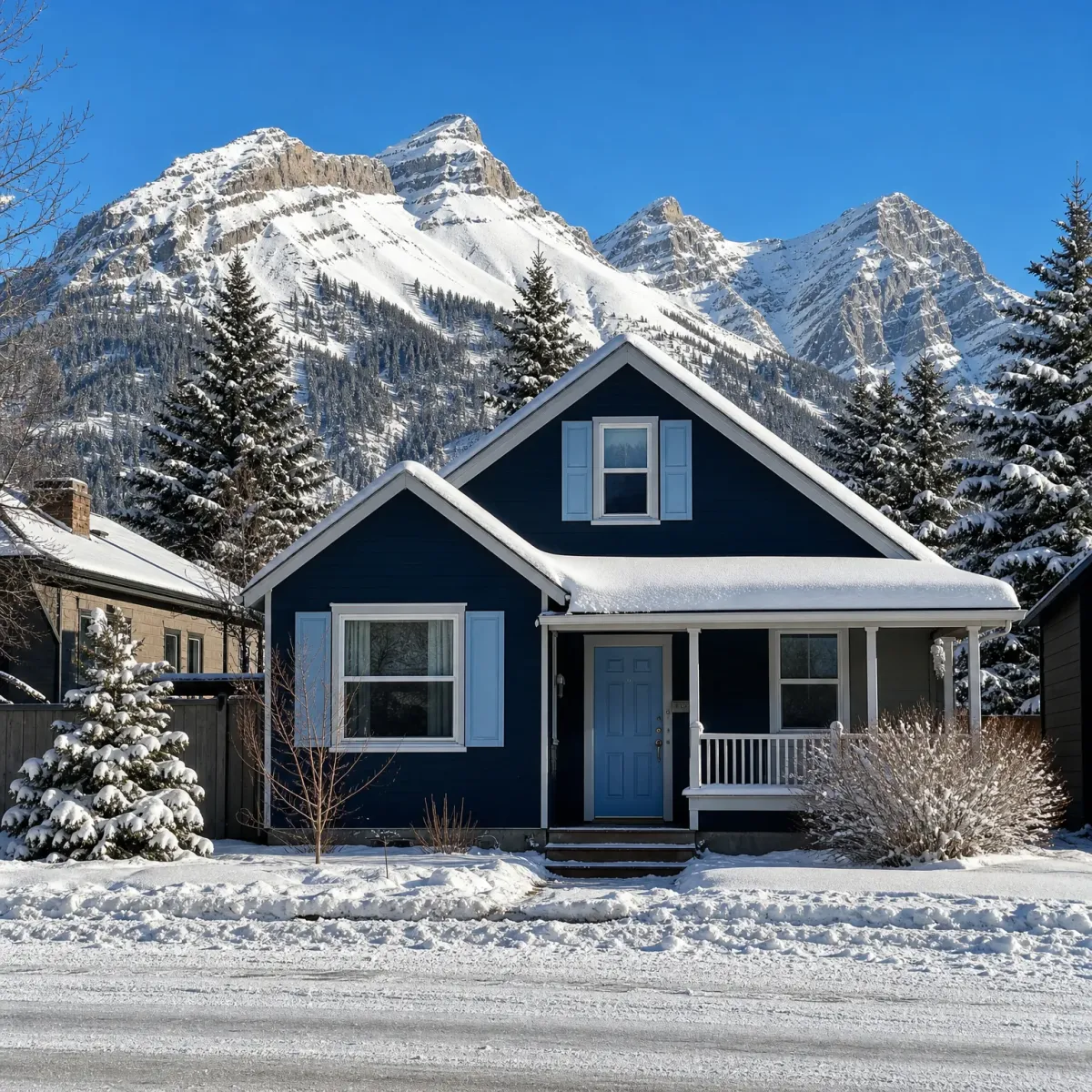 A navy blue single-story house with white trim, a light blue front door and covered porch, surrounded by snow, with conifers and snow-covered mountain peaks behind under a clear blue sky.