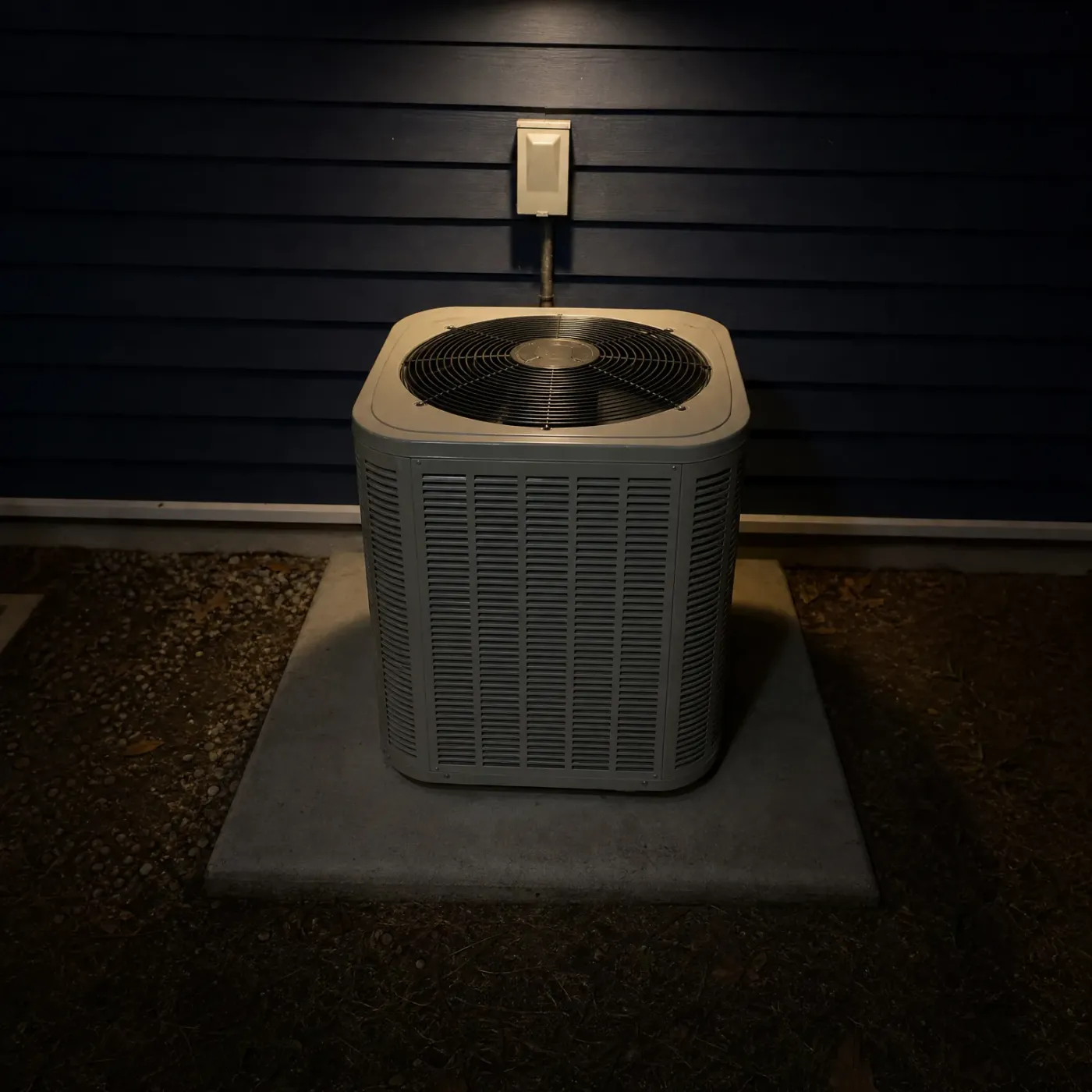 An outdoor condenser unit on a concrete pad at night beside a dark horizontal-lap sided wall, with a wall-mounted disconnect box and refrigerant line above it, lit from overhead.