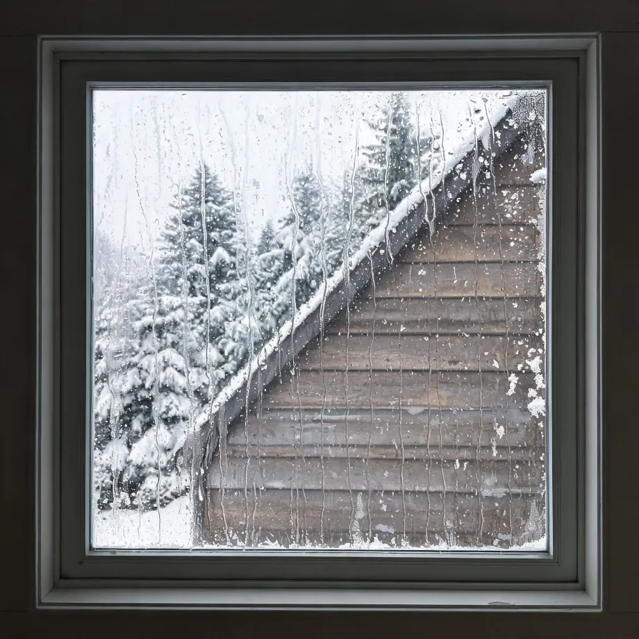View through a square window with condensation and water streaks on the glass, showing a snow-covered wooden building roof and wall on the right and snow-laden conifer trees on the left.