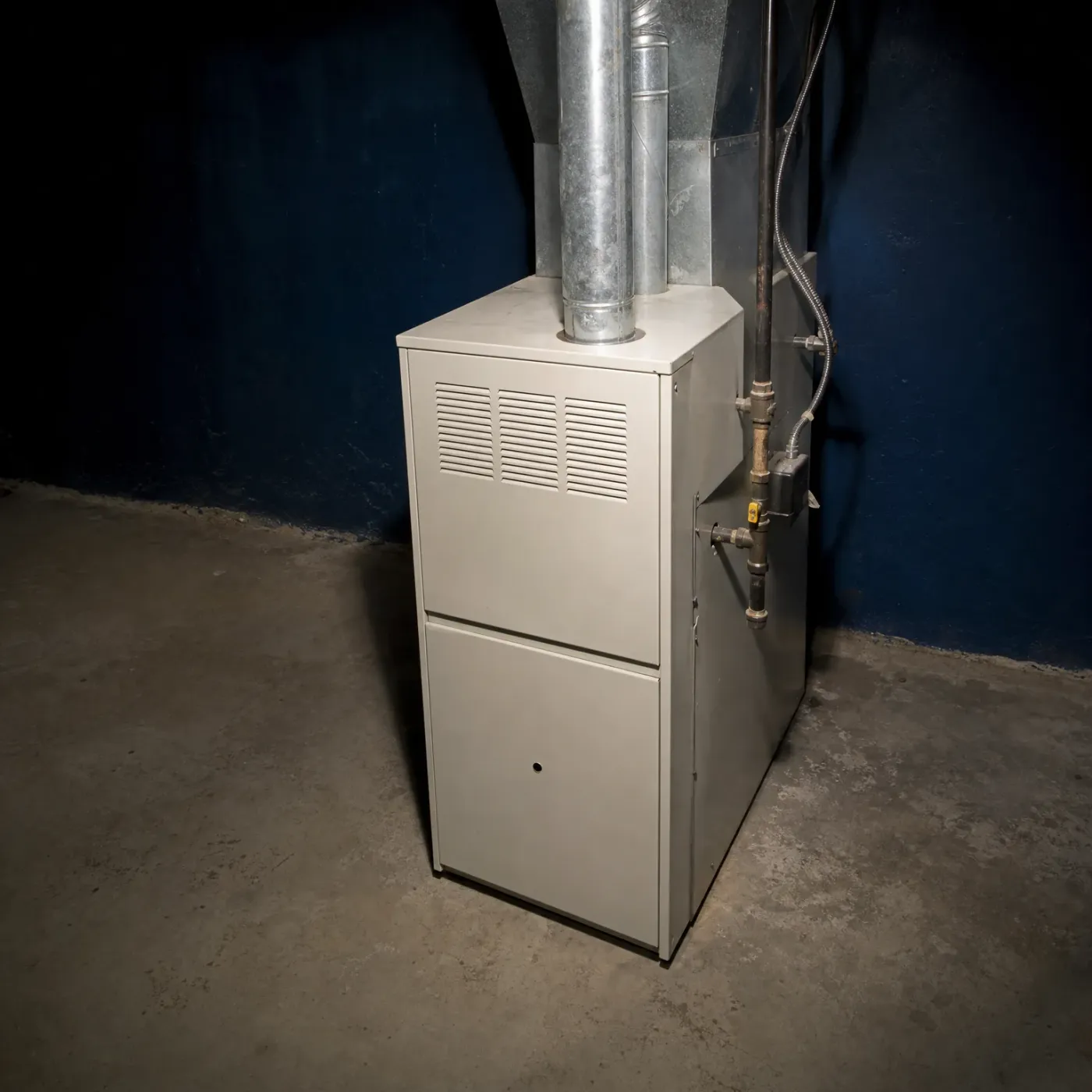 A beige gas furnace standing on a concrete basement floor against a dark blue wall, with galvanized metal flue ductwork above it and gas piping and a flexible conduit at its right side.