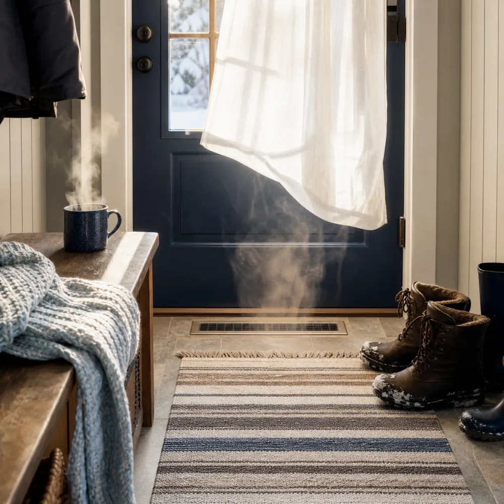 An entryway with a navy paneled door and sheer curtain, a steaming blue speckled mug on a wooden bench draped with a knit blanket, a striped runner rug over tile, a floor vent, and snow-dusted boots by the wall.