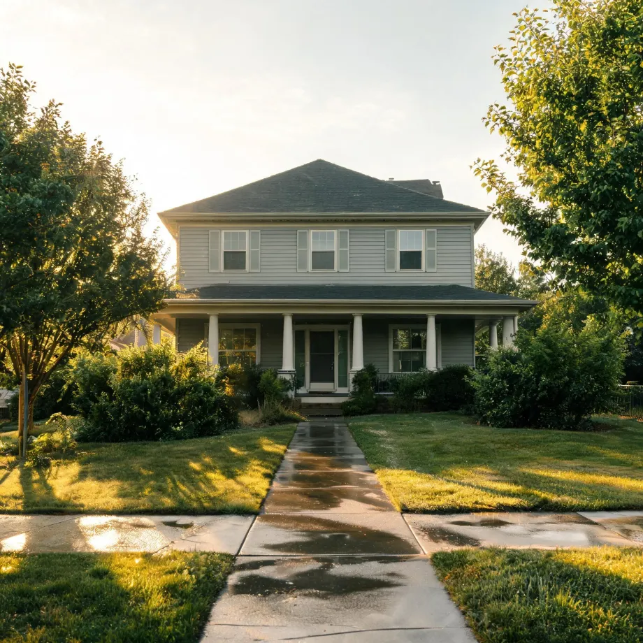 A two-story gray house with a columned front porch, viewed from a wet concrete walkway crossing a green lawn, with leafy trees on both sides in low sunlight.