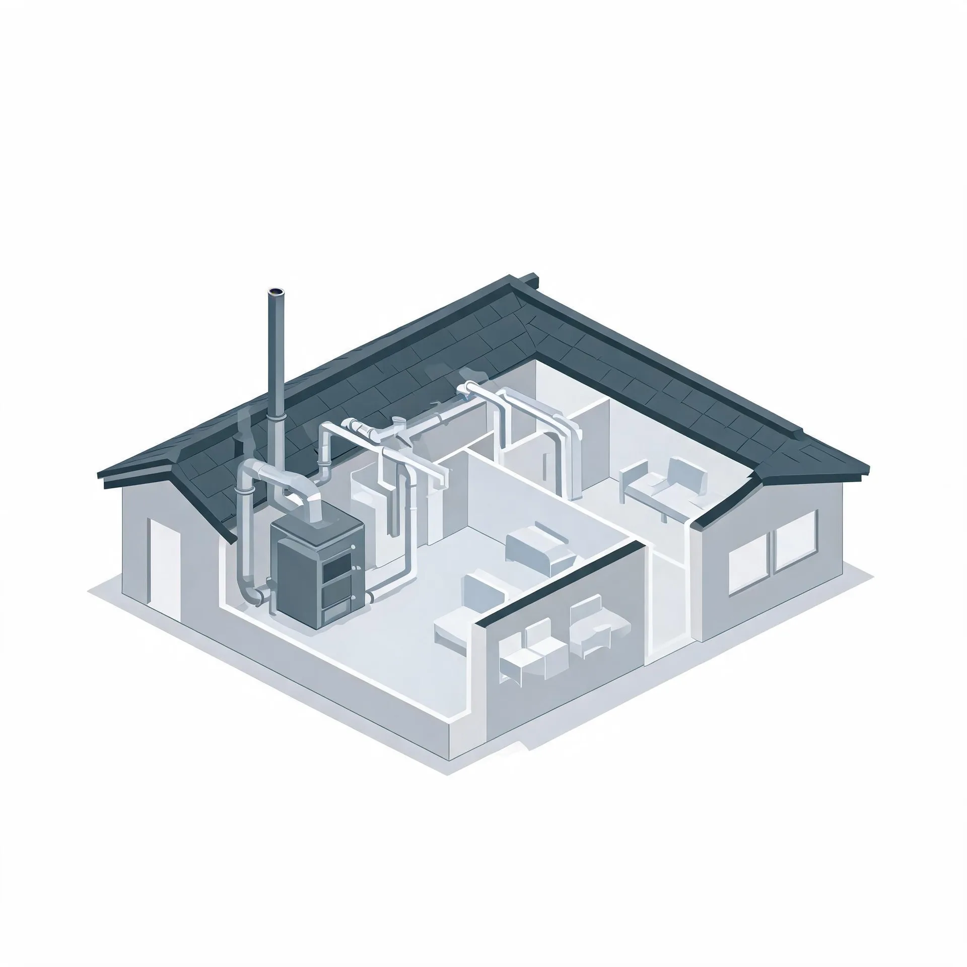 Isometric cutaway illustration of a single-story house showing interior rooms with a dark furnace unit, connected ductwork, a vertical flue pipe through the roof, and simple furniture, on a white background.