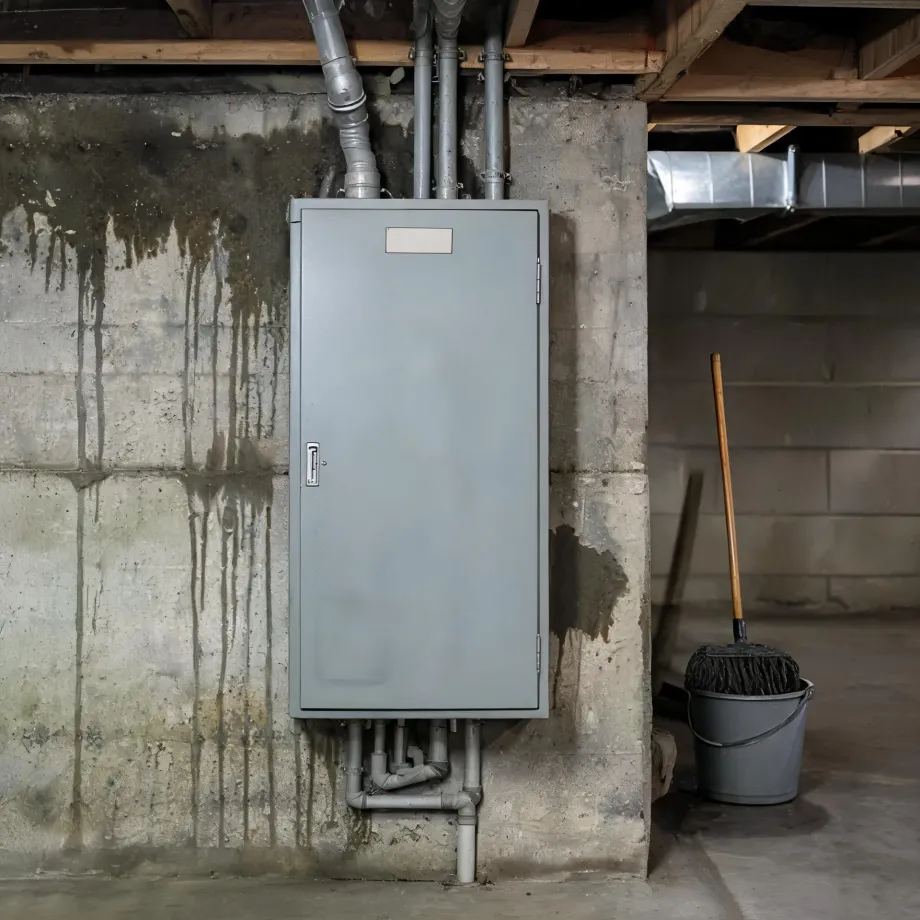 A gray metal electrical panel cabinet mounted on a stained concrete basement wall, with conduit pipes running above and below it, and a mop in a bucket beside a cinder block wall to the right.