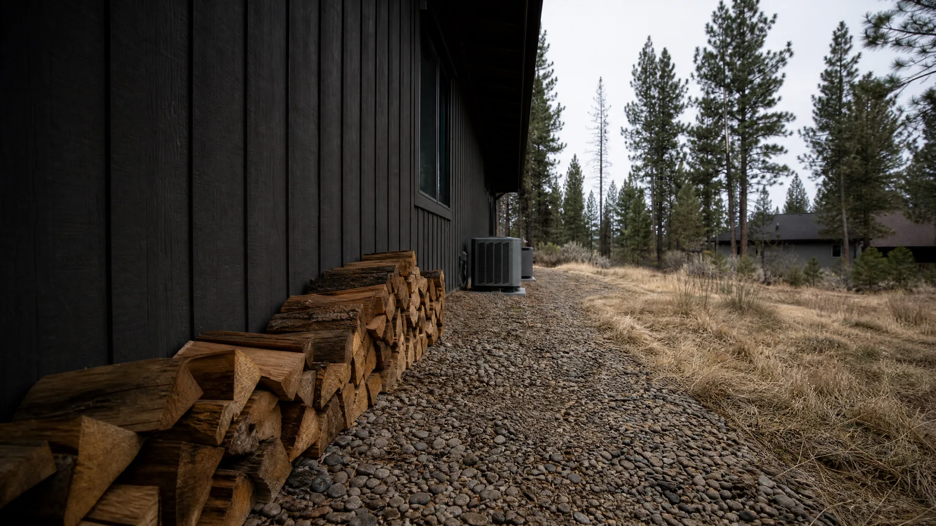 Stacked firewood along the base of a dark vertical-board house wall beside a gravel path, with an air conditioning unit, dry grass, and pine trees in the background.