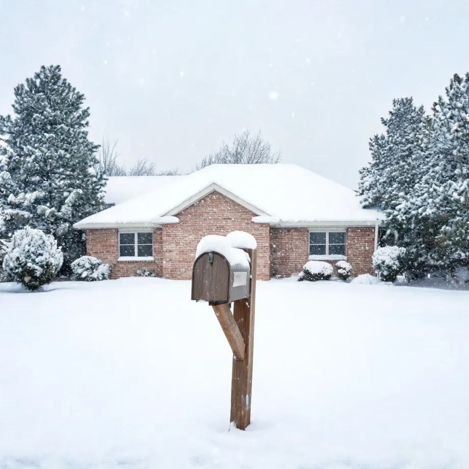 A snow-covered wooden mailbox post stands in a deep snowy front yard before a single-story brick house with a snow-laden roof, flanked by snow-covered evergreen trees during falling snow.