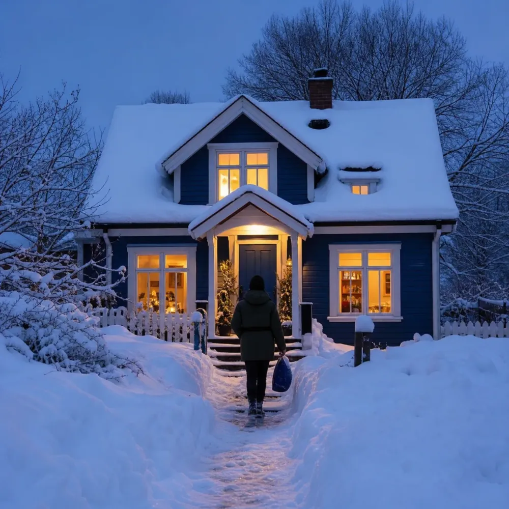 A person in a dark coat carrying a bag walks up a shoveled snow path toward a blue wooden house with snow-covered roof and lit windows at dusk.
