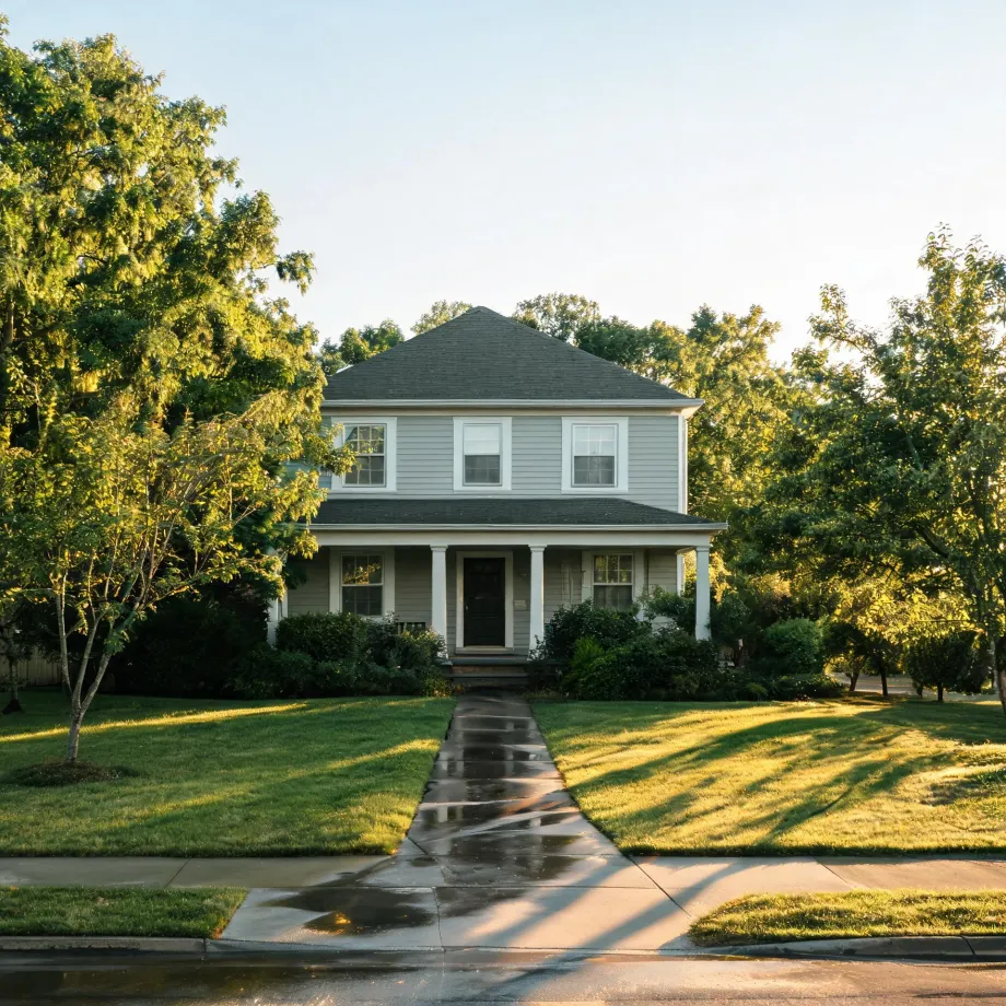A two-story light gray house with white trim, a covered front porch and dark shingled hipped roof, set behind a lawn with a wet concrete walkway leading to the sidewalk, surrounded by leafy trees in late-day sunlight.