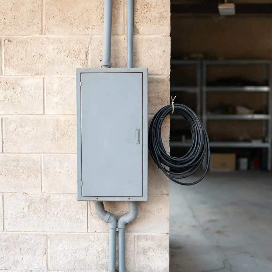 A gray metal electrical panel box with conduit pipes mounted on a cream-colored concrete block wall, with a coiled black cable hanging on the wall edge beside an open garage interior with shelving.