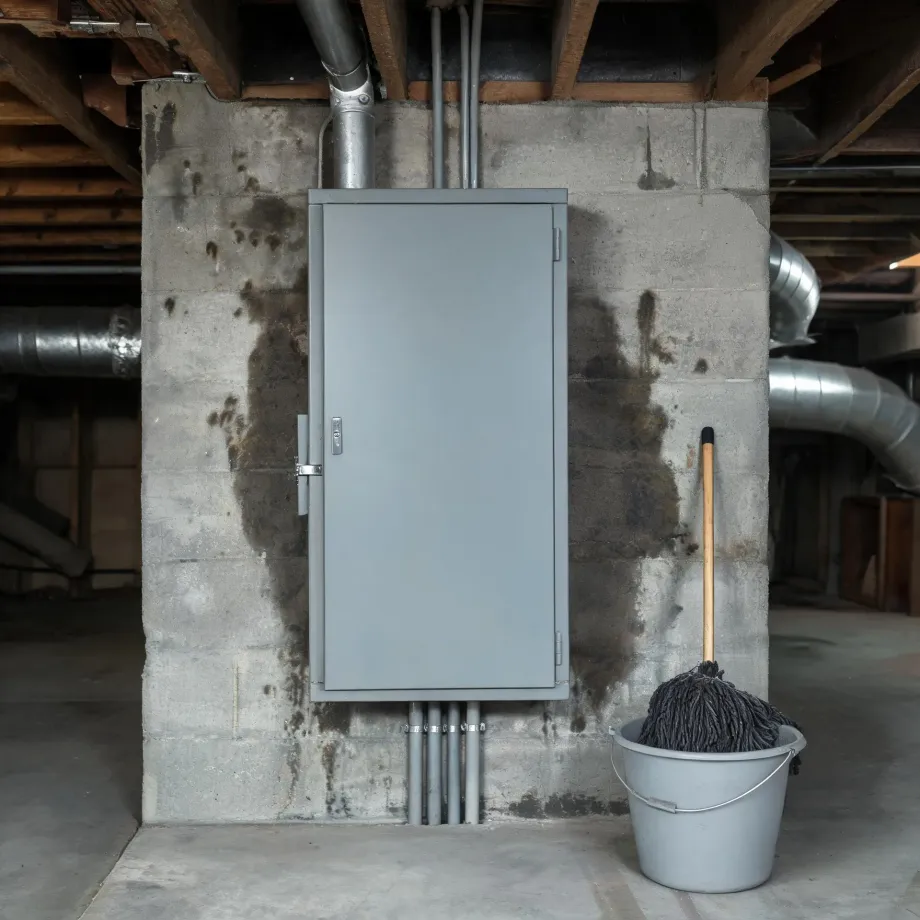 A gray metal electrical panel cabinet mounted on a stained concrete block basement wall with conduit runs, wooden floor joists and metal ductwork overhead, and a mop in a gray bucket on the floor at right.