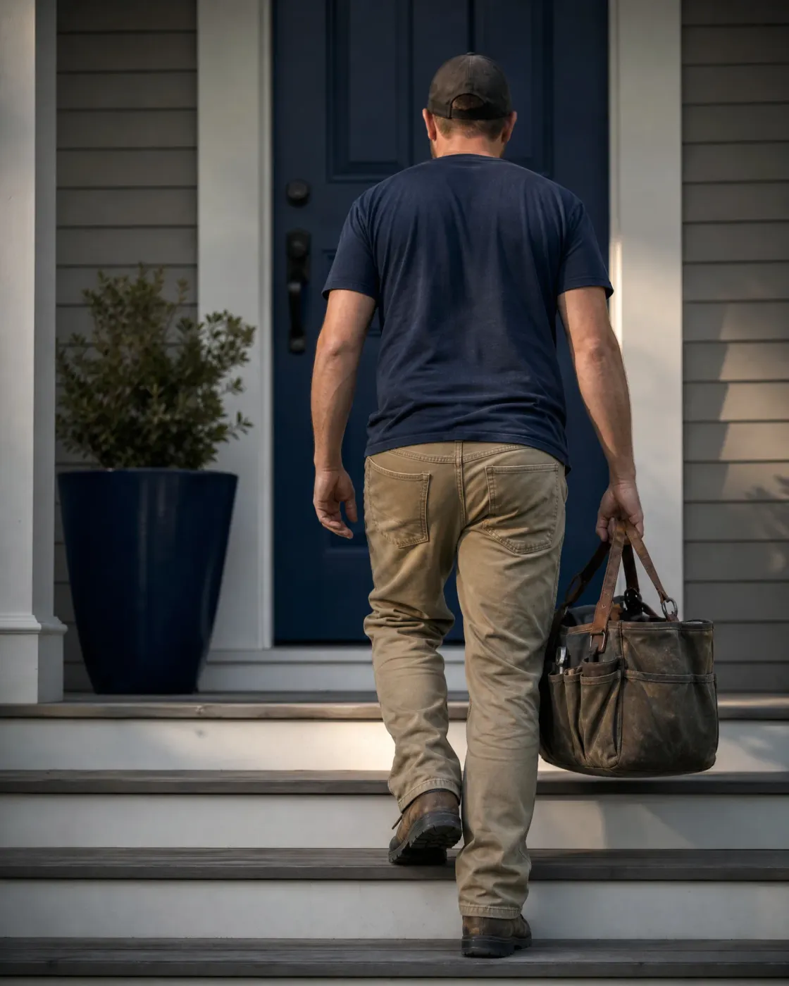 A man in a navy T-shirt, tan work pants and cap, seen from behind, carries a worn canvas tool bag up wooden porch steps toward a dark blue front door.