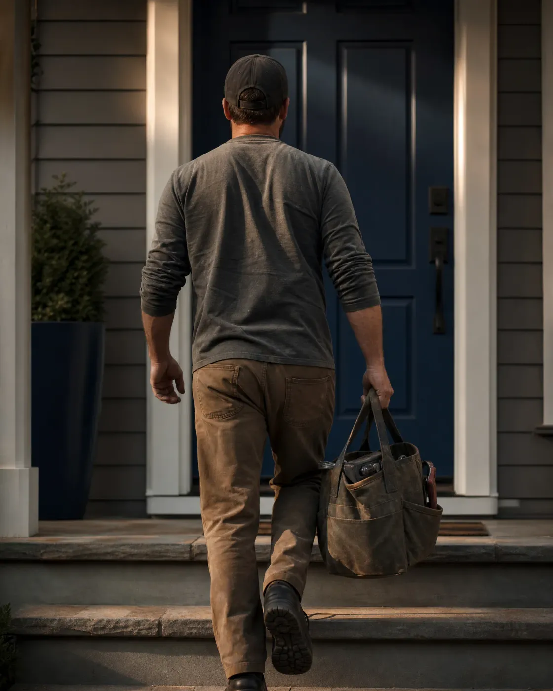A man in a cap, gray long-sleeve shirt and tan pants walks up stone steps toward a dark blue front door, carrying a waxed canvas tool bag in his right hand.