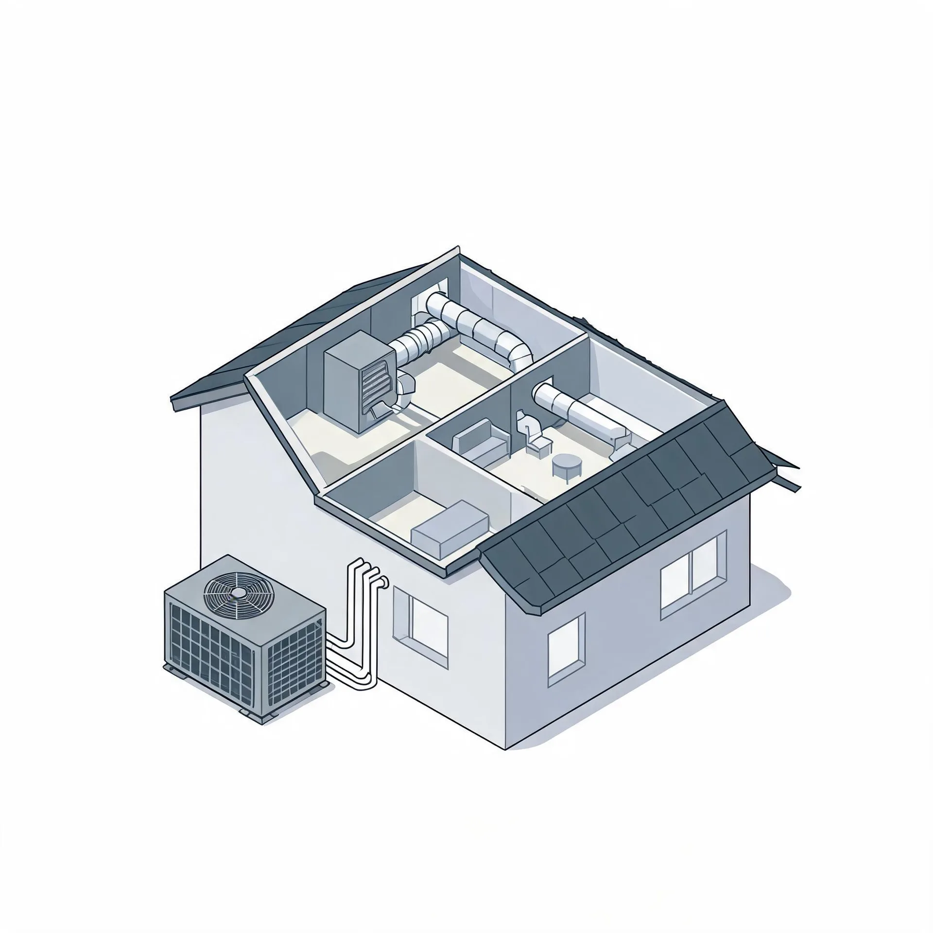 Isometric cutaway illustration of a single-story house showing interior rooms with ductwork and an air handler, connected by refrigerant lines to an outdoor condenser unit on the left.