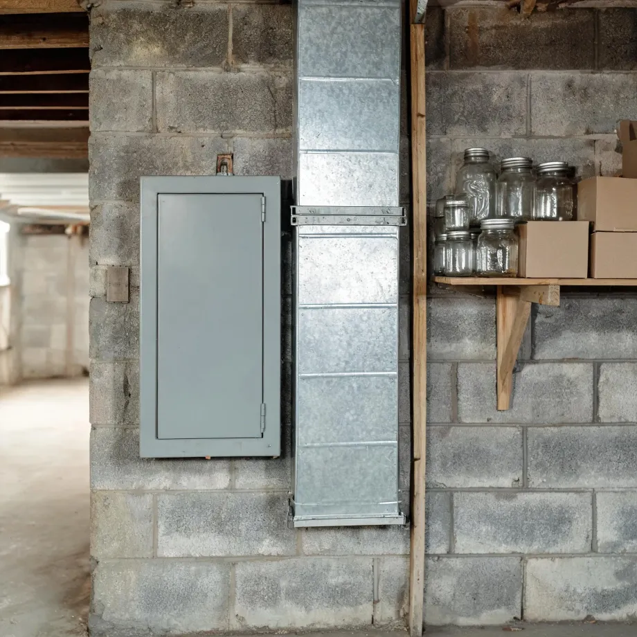 A basement concrete block wall with a gray electrical panel box, a vertical galvanized sheet metal duct, and a wooden shelf holding empty glass jars and cardboard boxes.