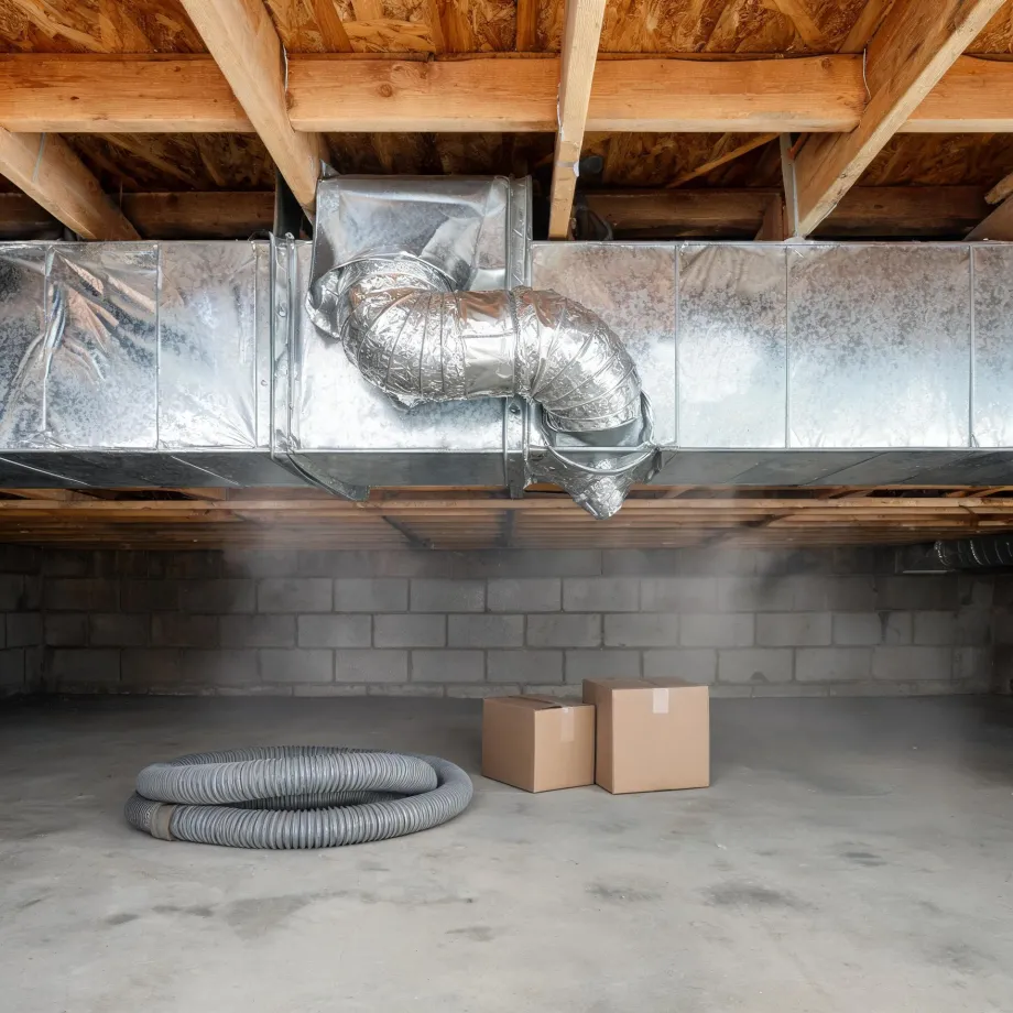 Basement or crawlspace with exposed wooden floor joists, a large galvanized sheet-metal duct trunk with an insulated flexible duct elbow, concrete block walls, a coiled gray flexible hose and two cardboard boxes on the concrete floor.